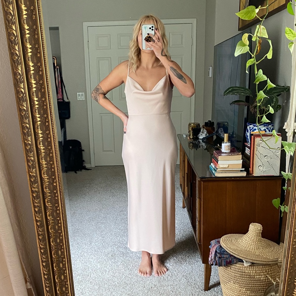 BHLDN Cali Satin Charmeuse Midi Dress - Blush - 6 - Medium - Wedding bridesmaid